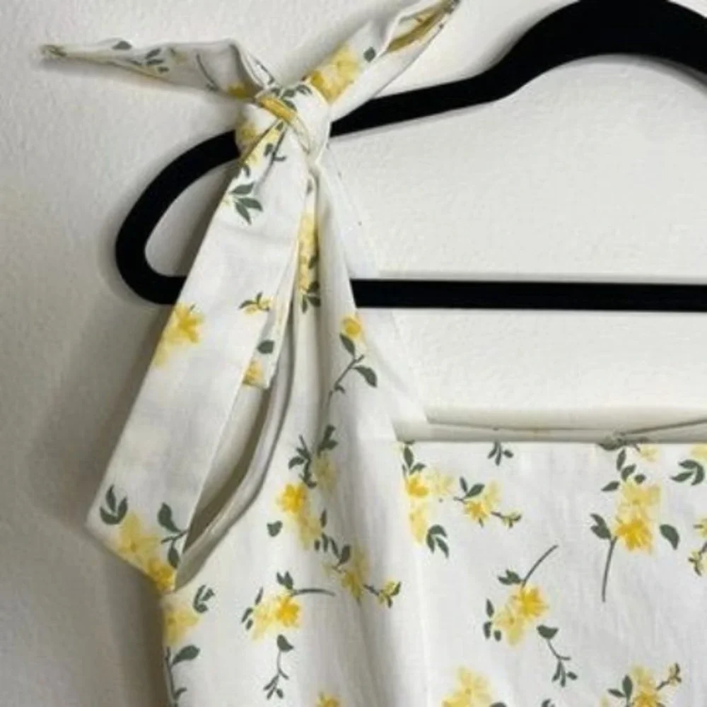 Trixxi Floral Mini Dress Womens Large White Yellow Tie Shoulder Square Neck NEW